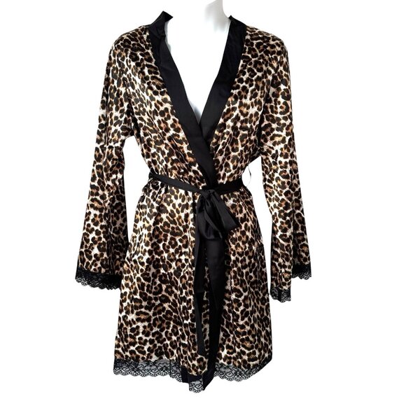 New Leopard Print Robe Womens Medium Long Sleeve Black Lace Trim Satin Mob Wife - Picture 1 of 14